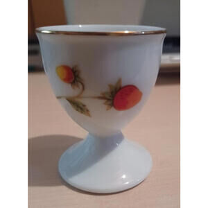 Collectible Porcelain Egg Cup Holder White With Strawberry Leaf & Gold Rim